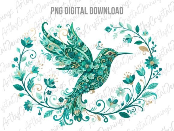 Teal Hummingbird Floral Watercolor PNG