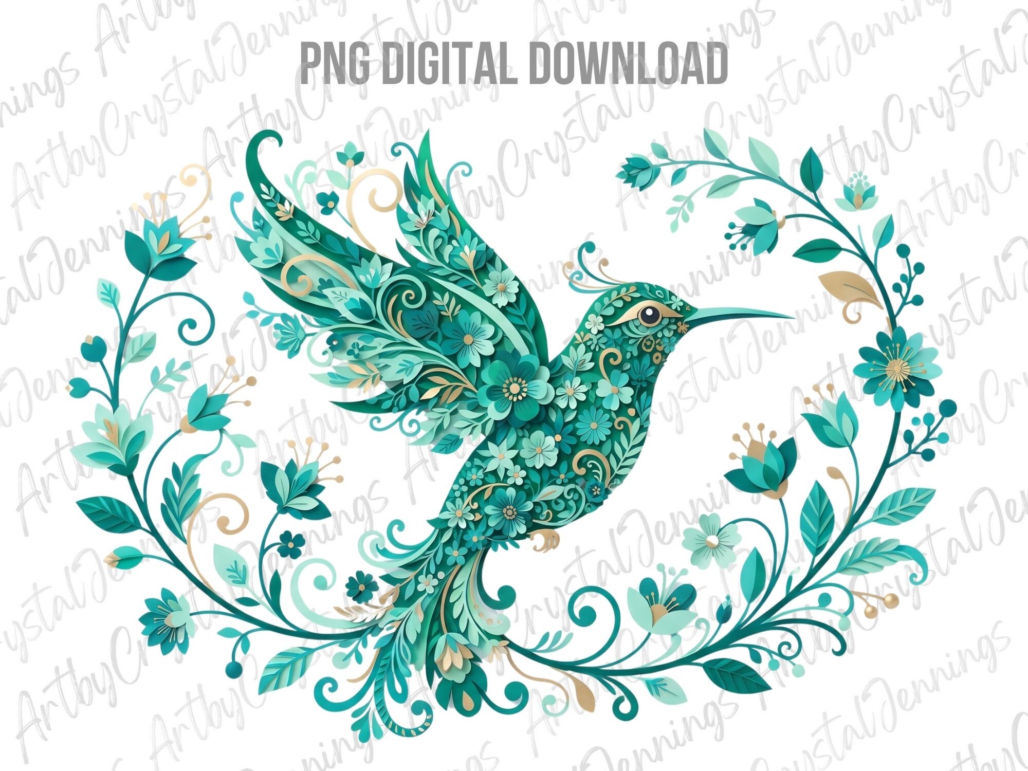 Teal Hummingbird Floral Watercolor PNG