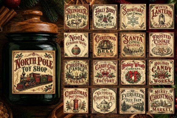 Vintage Christmas Labels Bundle PNG