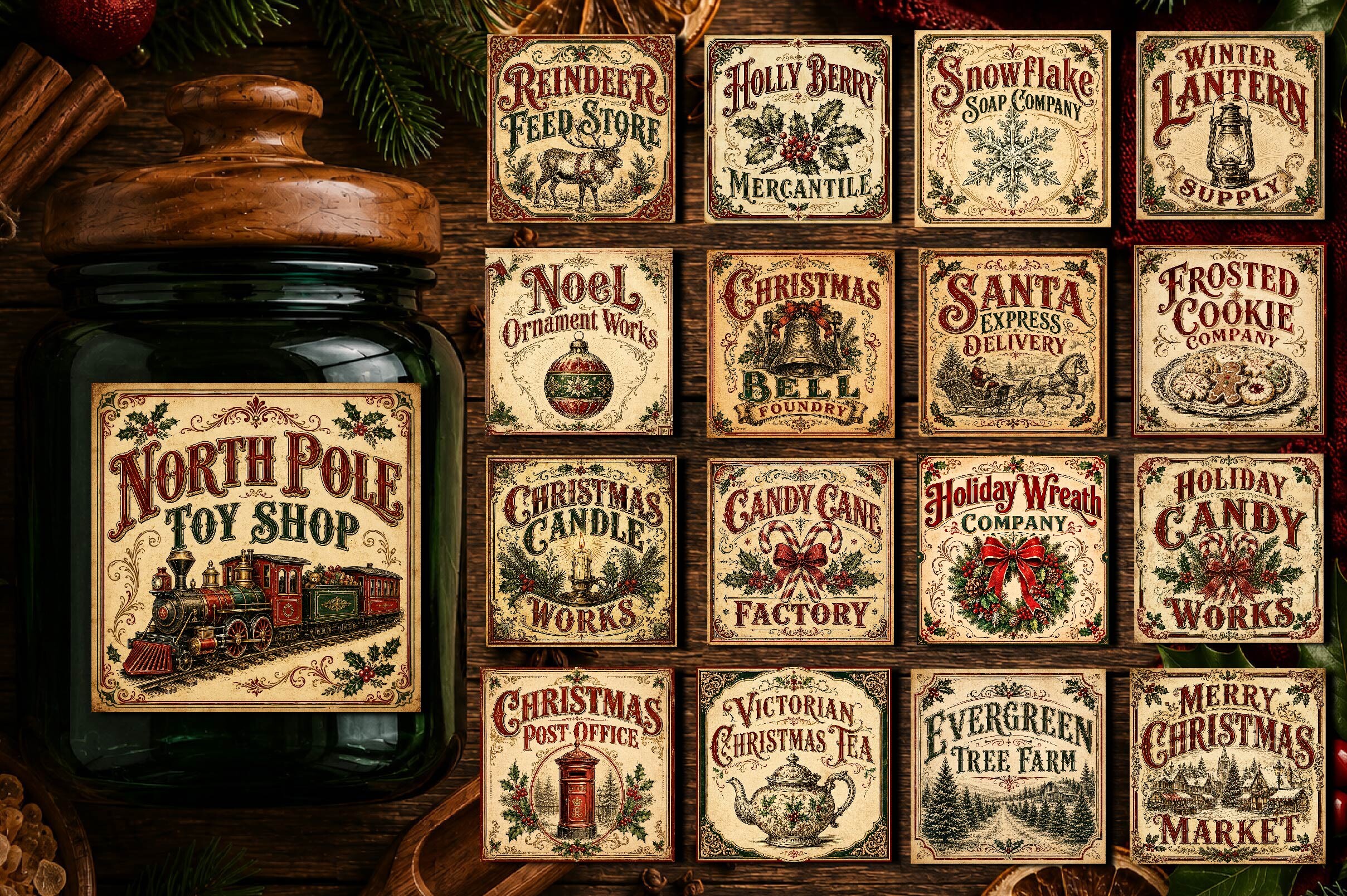 Vintage Christmas Labels Bundle PNG