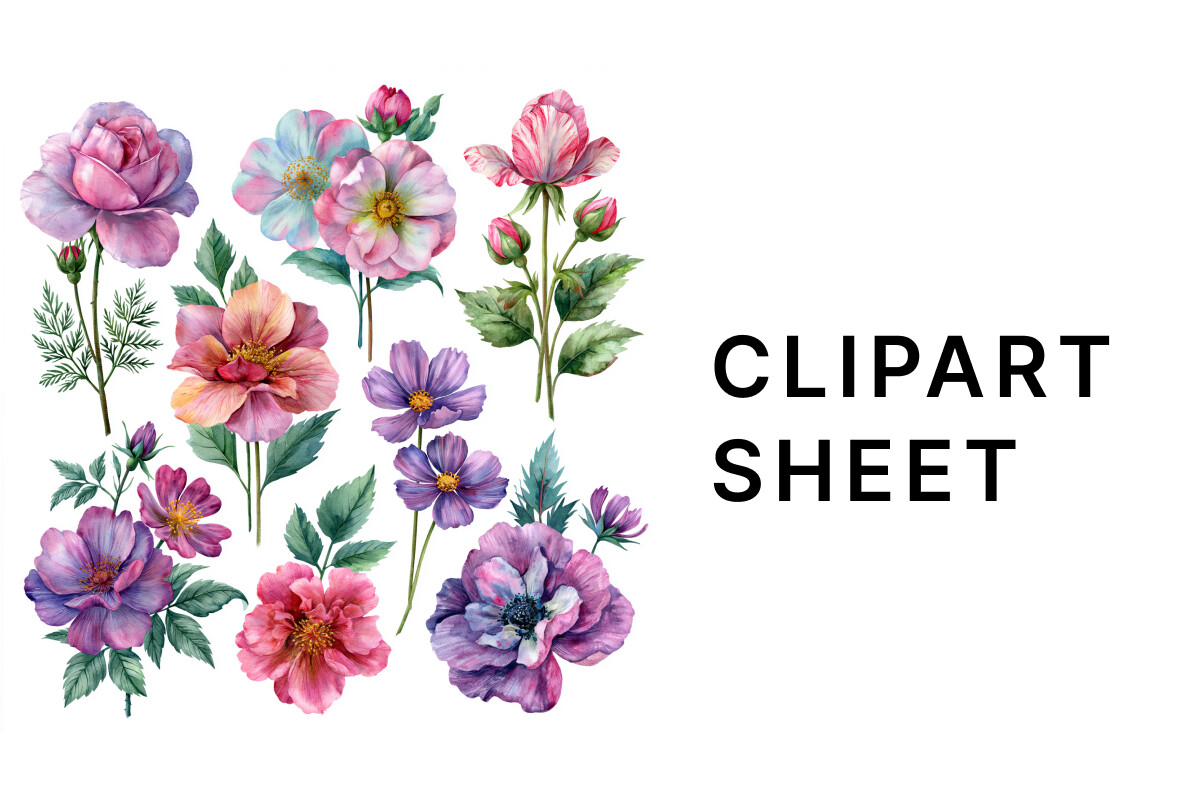 Watercolor Pink and Purple Blooms Set