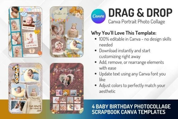 4 Baby Birthday Scrapbook Canva Template
