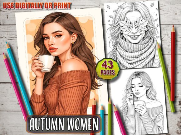 Autumn Women Grayscale Coloring Book
