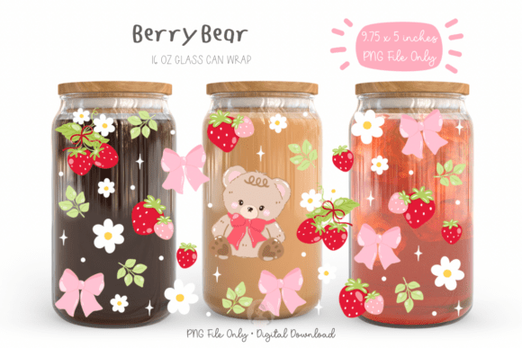 Berry Bear Strawberry Glass Can Wrap PNG