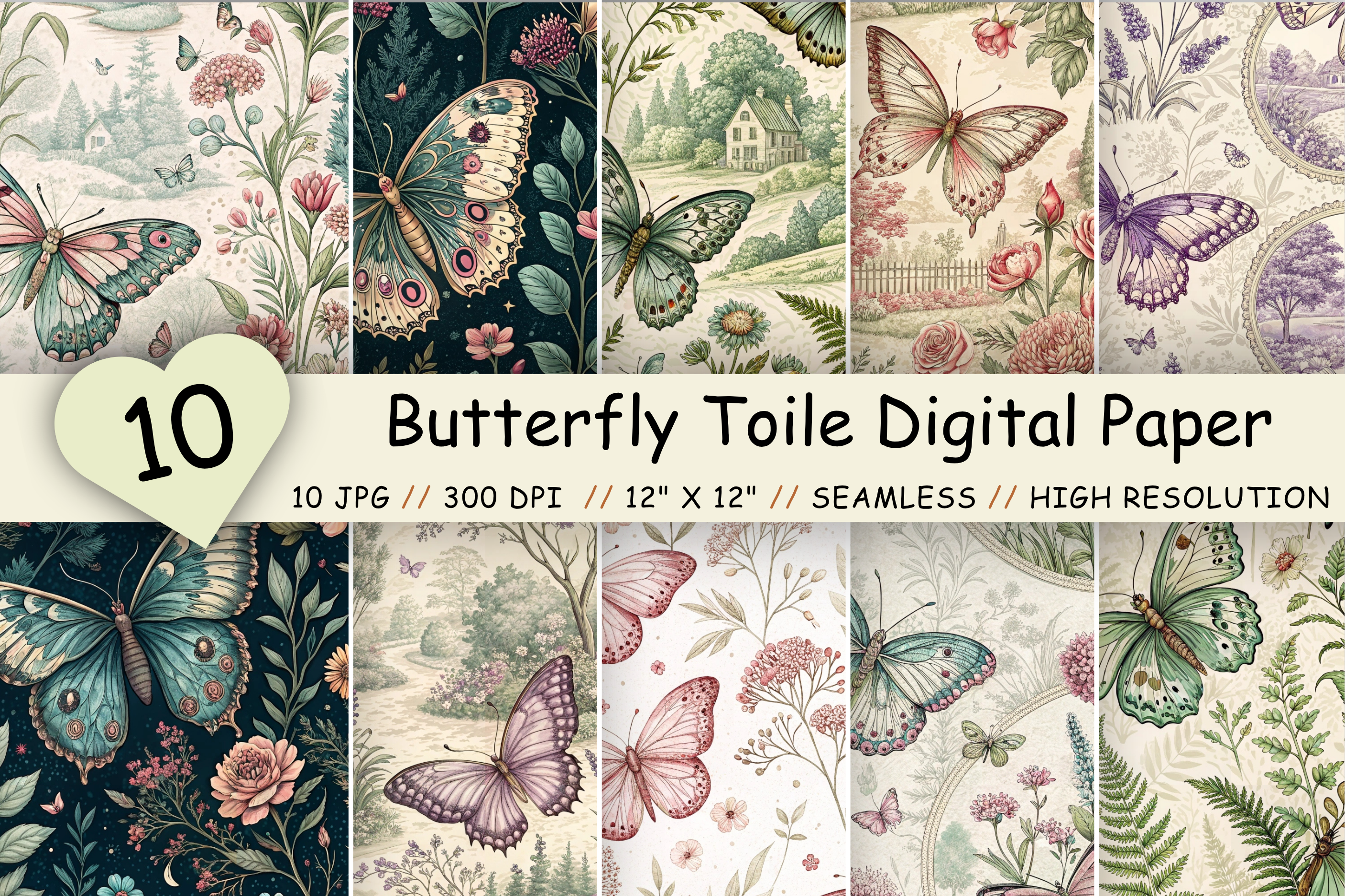 Butterfly Toile Digital Paper Pack