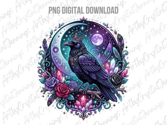Celestial Raven Floral Crystal Moon PNG