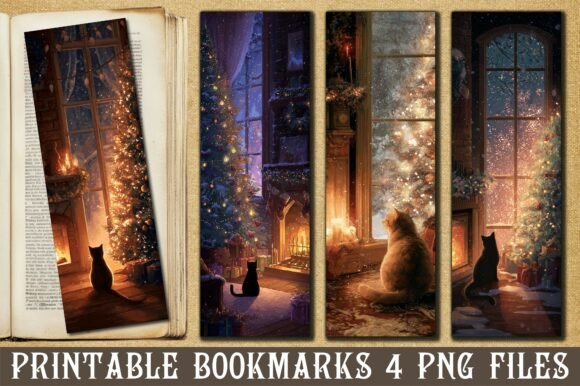 Cozy Christmas Cat Window Bookmark PNG