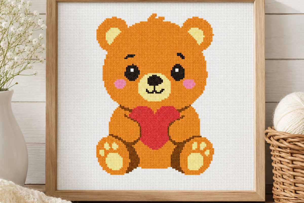 Cute Bear Heart Cross Stitch