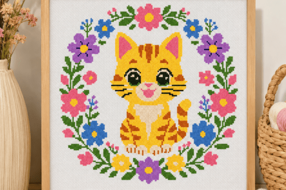 Cute Cat Floral Wreath Cross Stitch