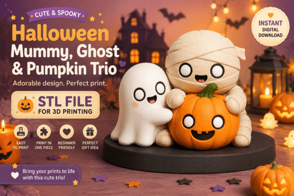 Cute Halloween Trio STL Pack - Mummy, Ghost & Pumpkin 3D Print - Image 1