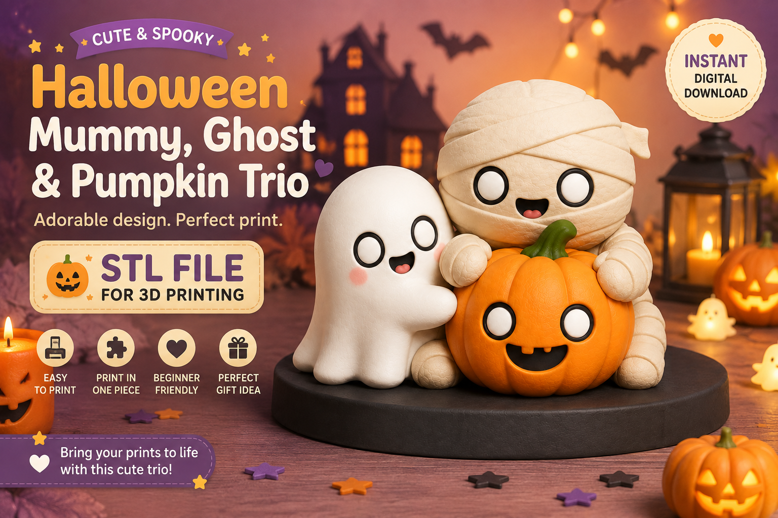 Cute Halloween Trio STL Pack - Mummy, Ghost & Pumpkin 3D Print - Image 3