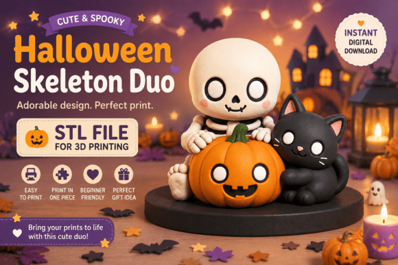Cute Halloween Skeleton & Cat Pumpkin Duo STL | 3D Print Decor - Image 1