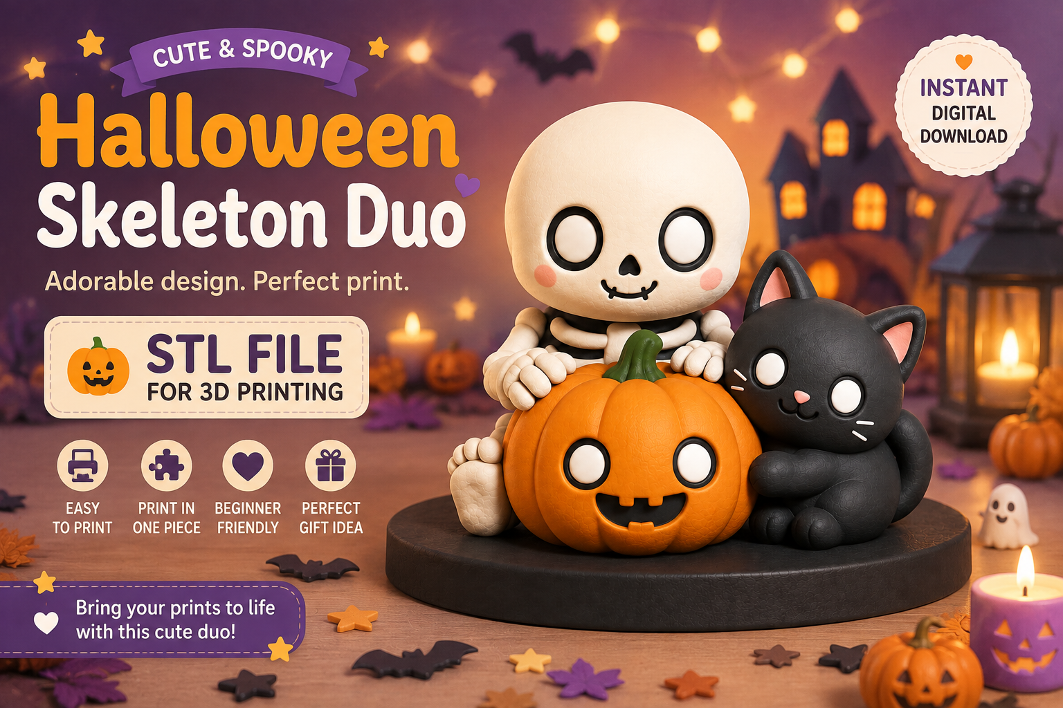 Cute Halloween Skeleton & Cat Pumpkin Duo STL | 3D Print Decor - Image 3