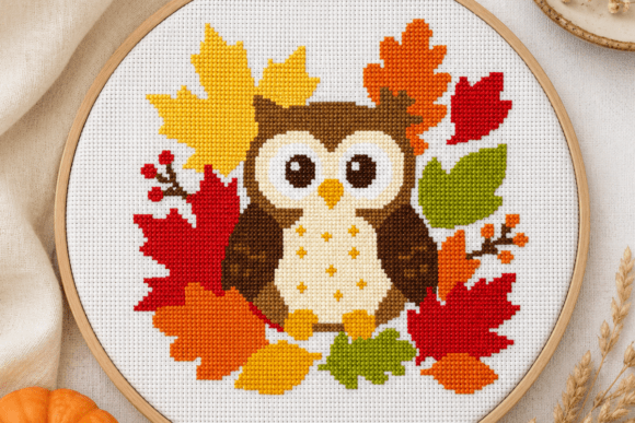 Cute Owl Autumn Leaves Cross Stitch