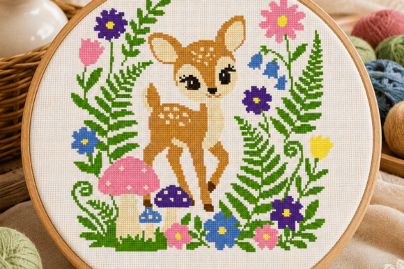 Deer Fawn Forest Cross Stitch
