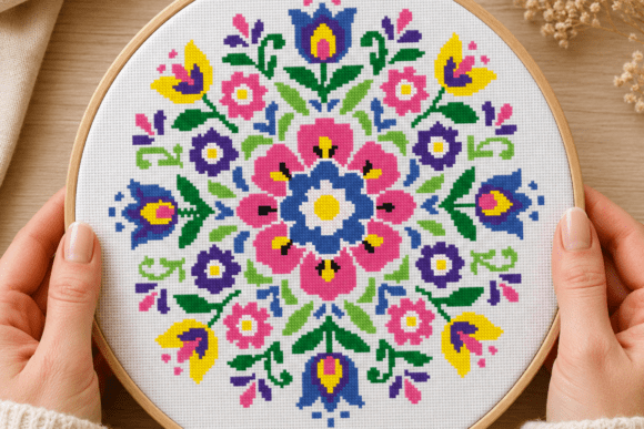 Floral Folk Art Mandala Cross Stitch