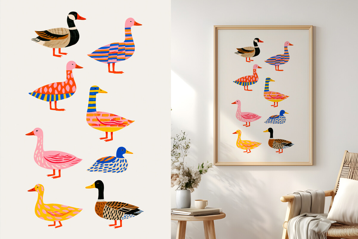 Funky Ducks, Bird Poster, Colorful Art