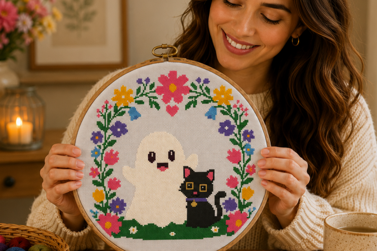 Ghost Cat Floral Cross Stitch