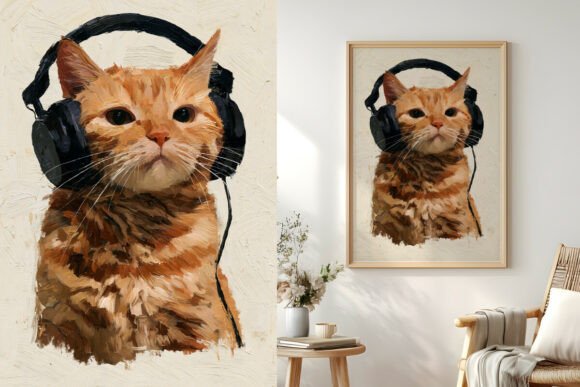 Ginger Cat Wearing Headphones, Handdrawn