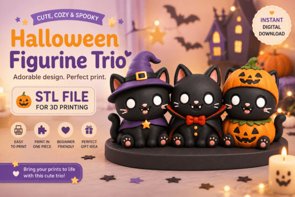 Halloween Cat Figurine Trio STL - Witch, Vampire, Pumpkin Set - Image 1
