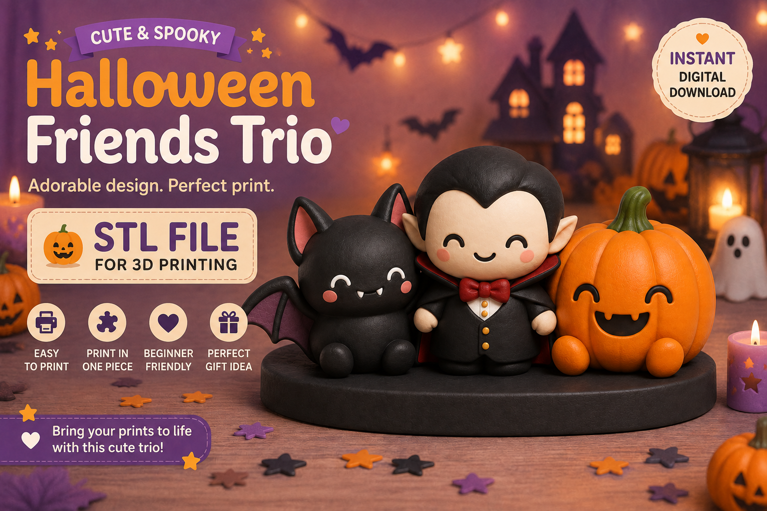 Halloween Friends Trio STL - Bat, Vampire & Pumpkin 3D Print - Image 3