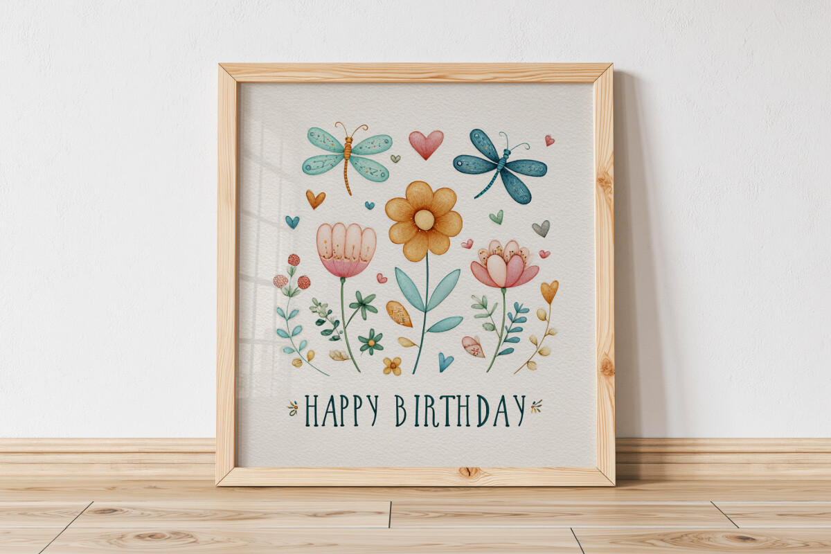Happy Birthday Flowers and Dragonflies
