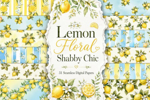 Lemon Floral Shabby Chic Digital Paper