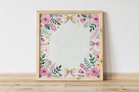 Pink Frame with Roses, Ribbon and Flower