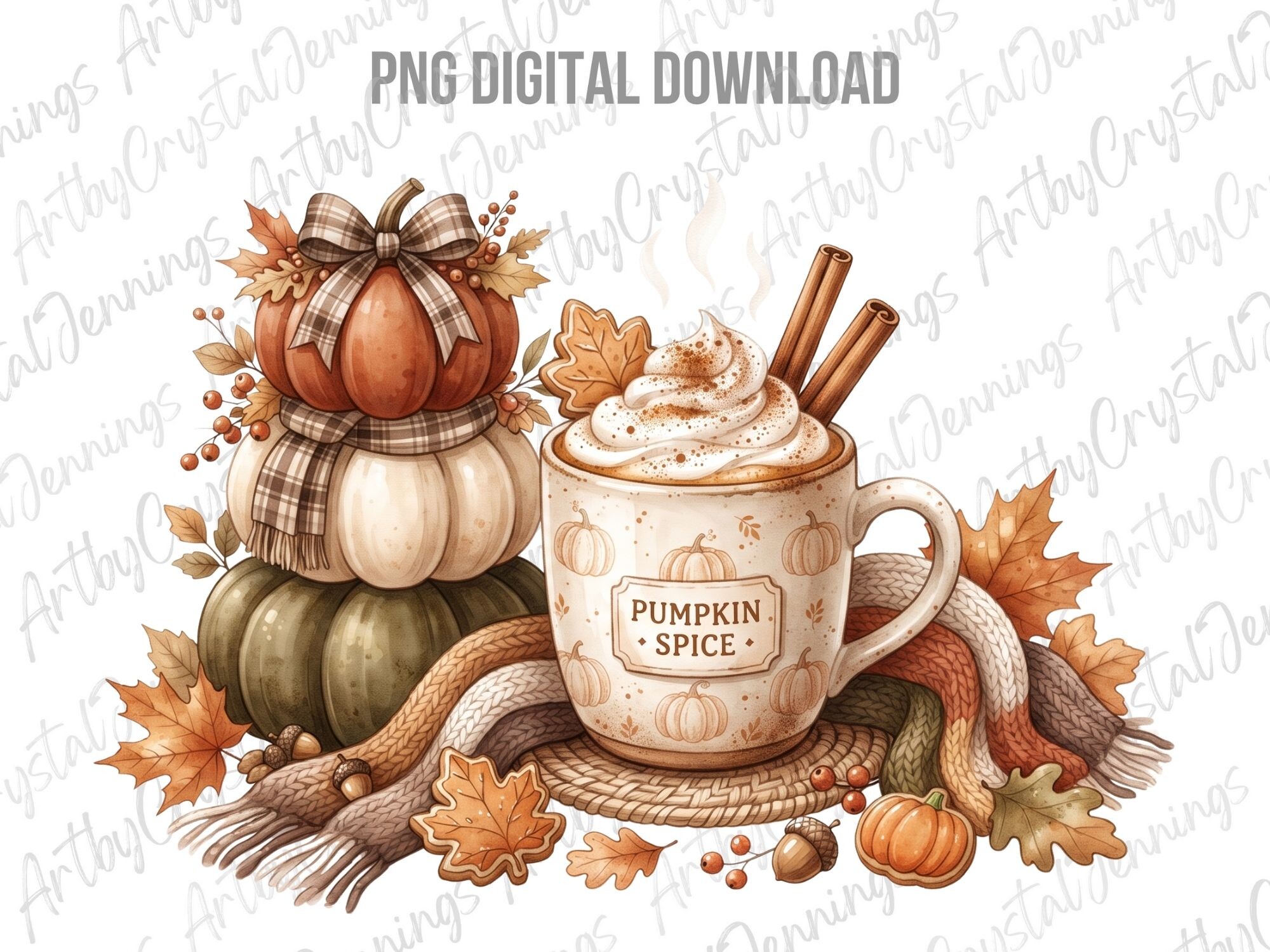 Pumpkin Spice Coffee Fall Watercolor PNG