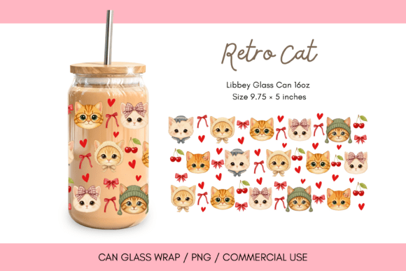 Retro Cat 16oz Libbey Glass Can Wrap PNG