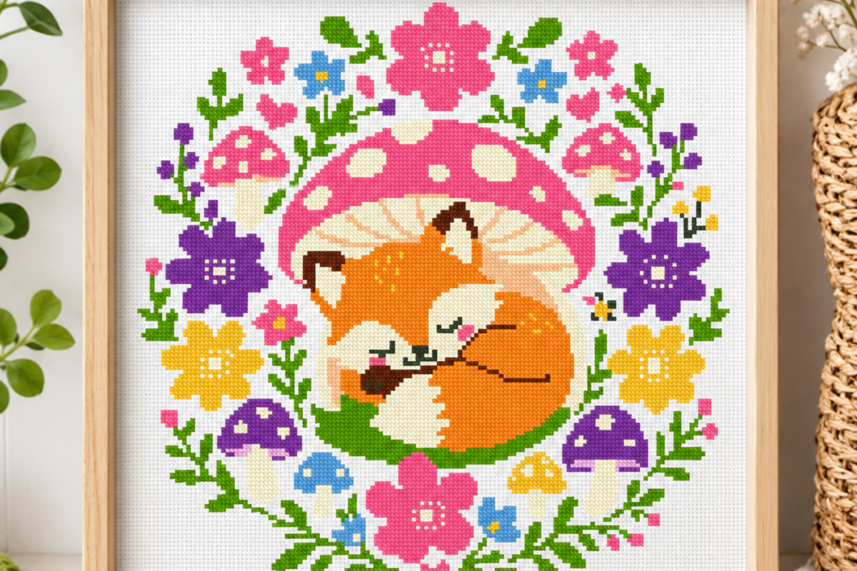 Sleeping Fox Mushroom Cross Stitch