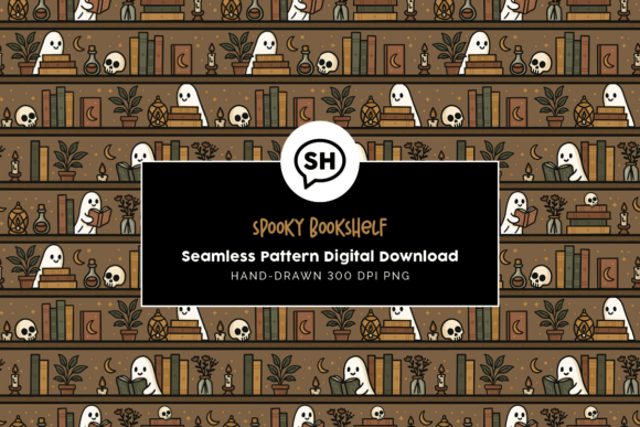 Spooky Ghost Bookshelf Seamless Pattern