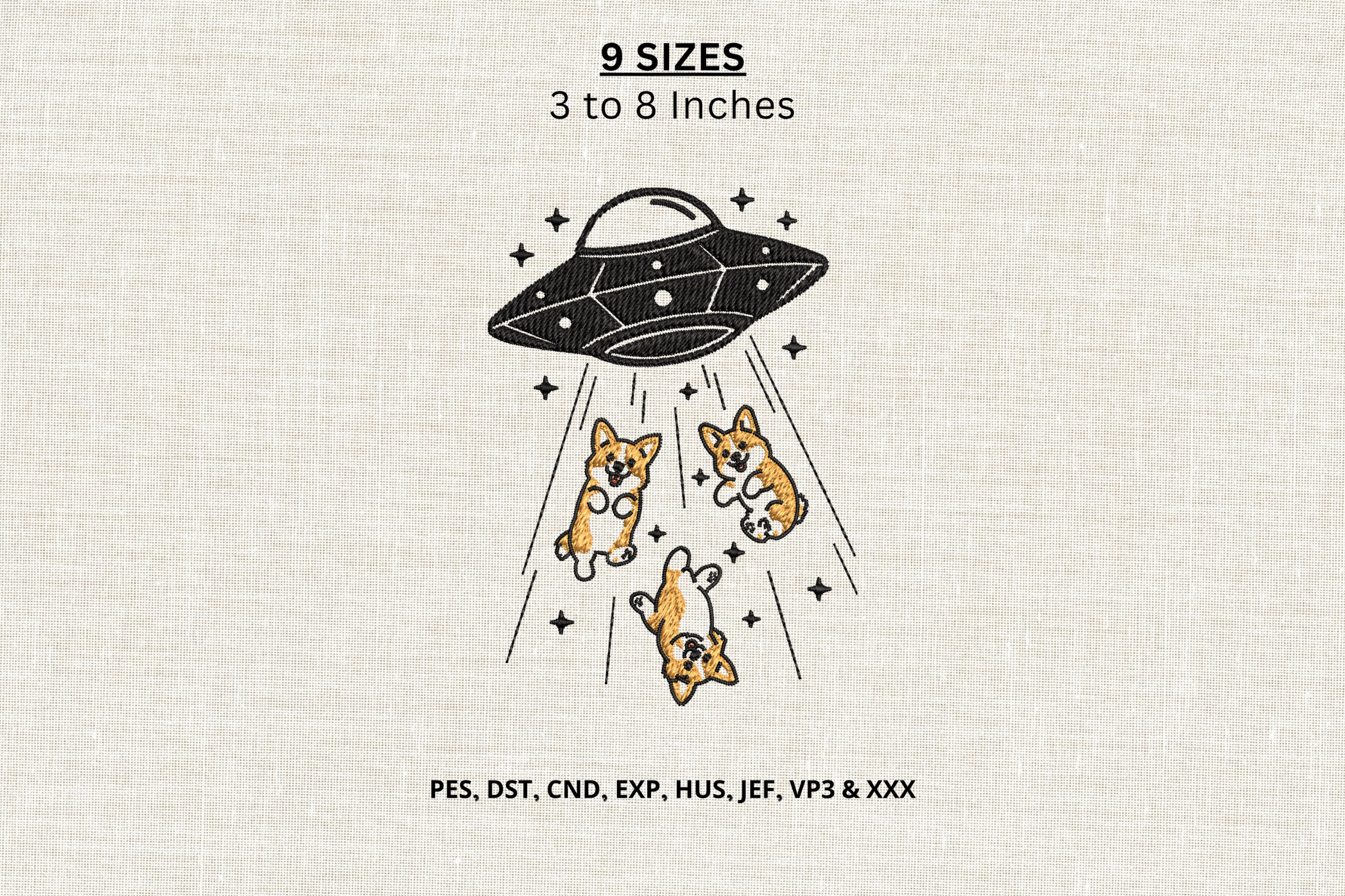 UFO Corgi Abduction Embroidery Design
