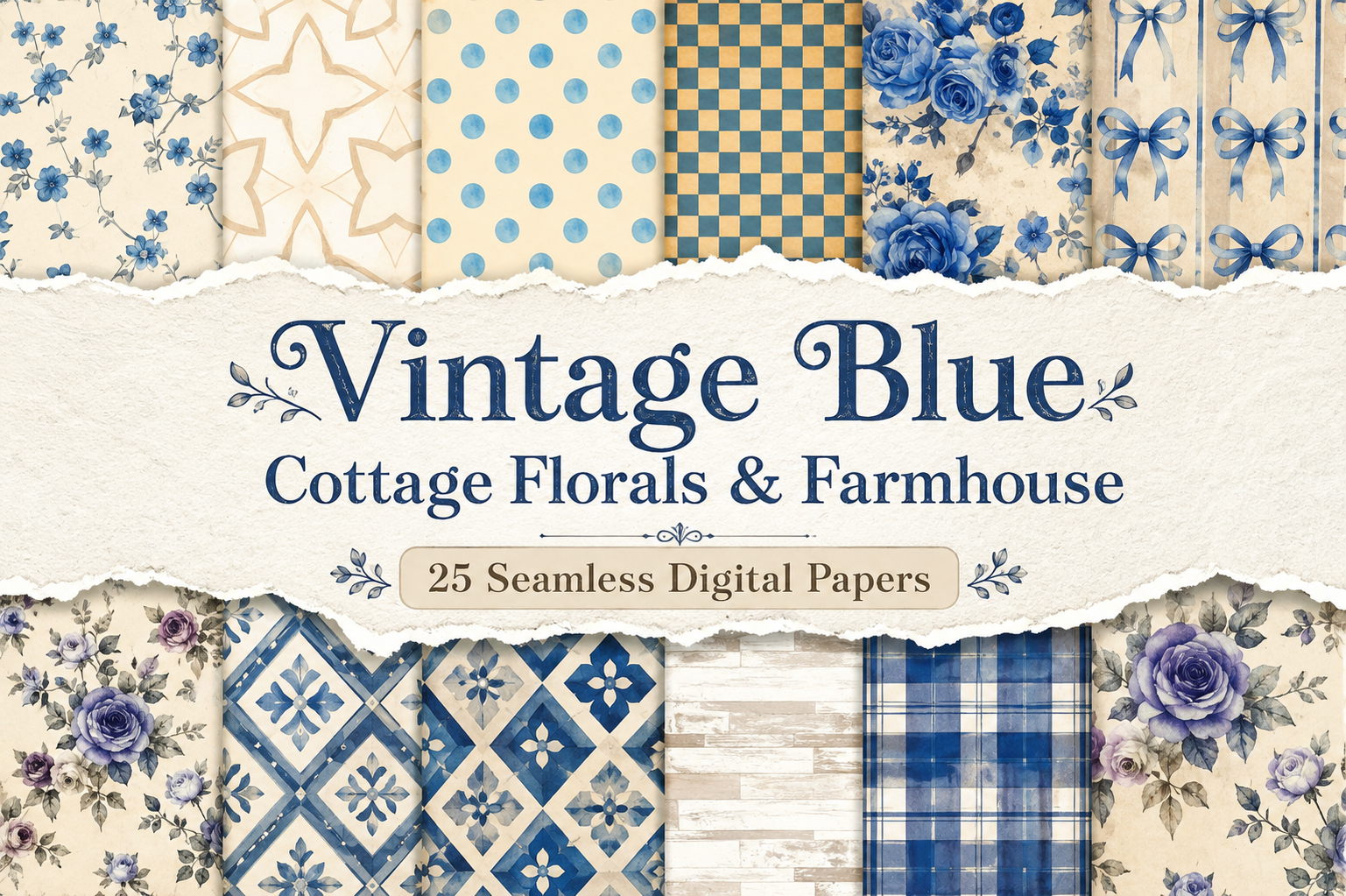 Vintage Blue Cottage Florals & Farmhouse