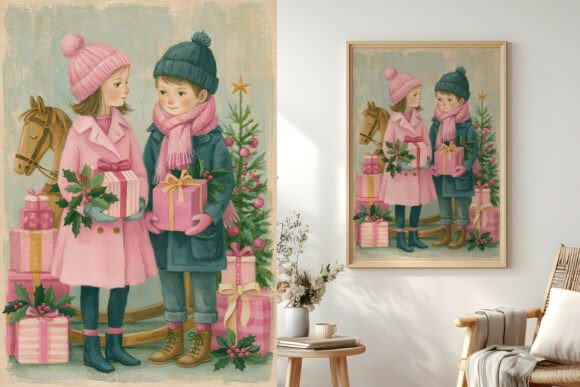 Vintage Christmas Art, Kids with Gifts