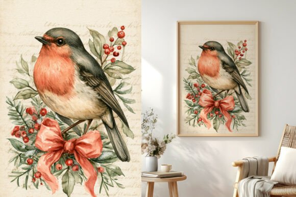 Vintage Robin with Holly and Bow Art