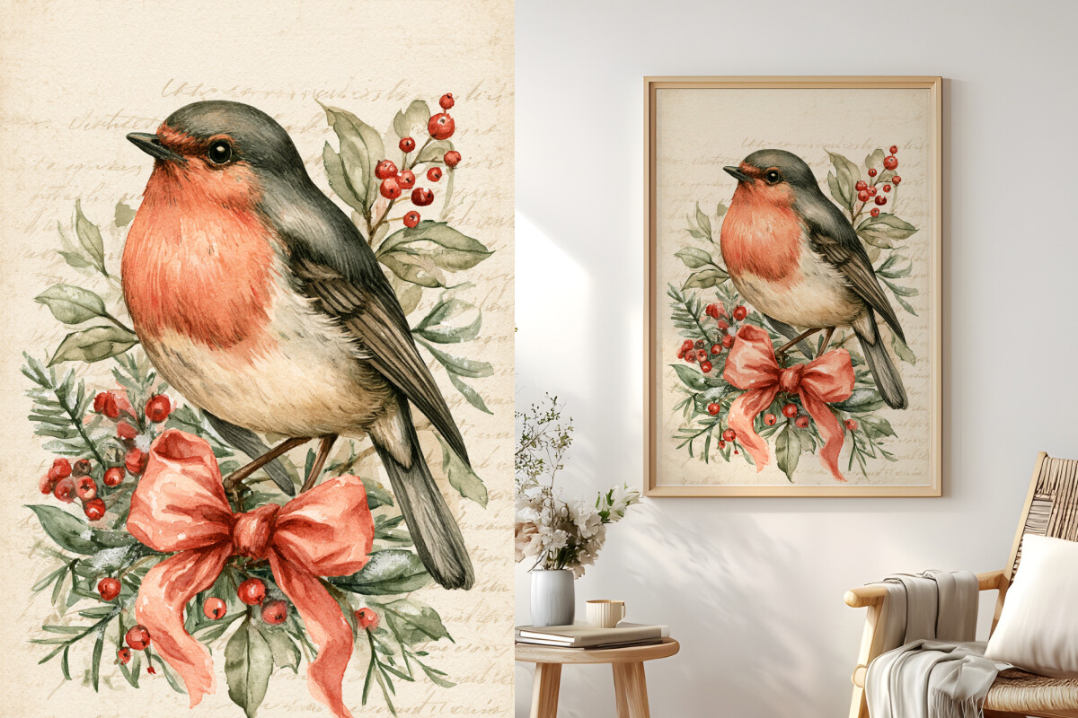 Vintage Robin with Holly and Bow Art