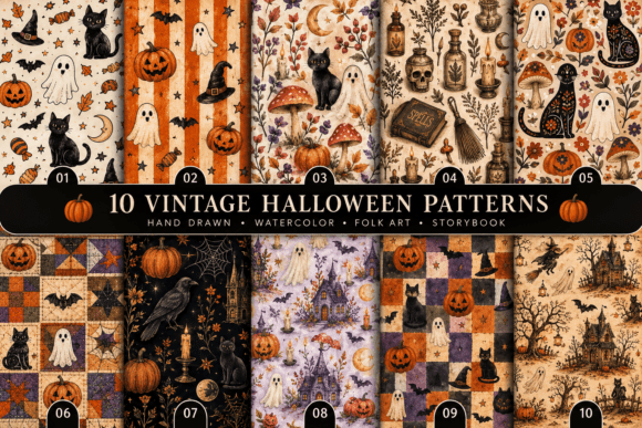 10 Vintage Halloween Patterns PNG