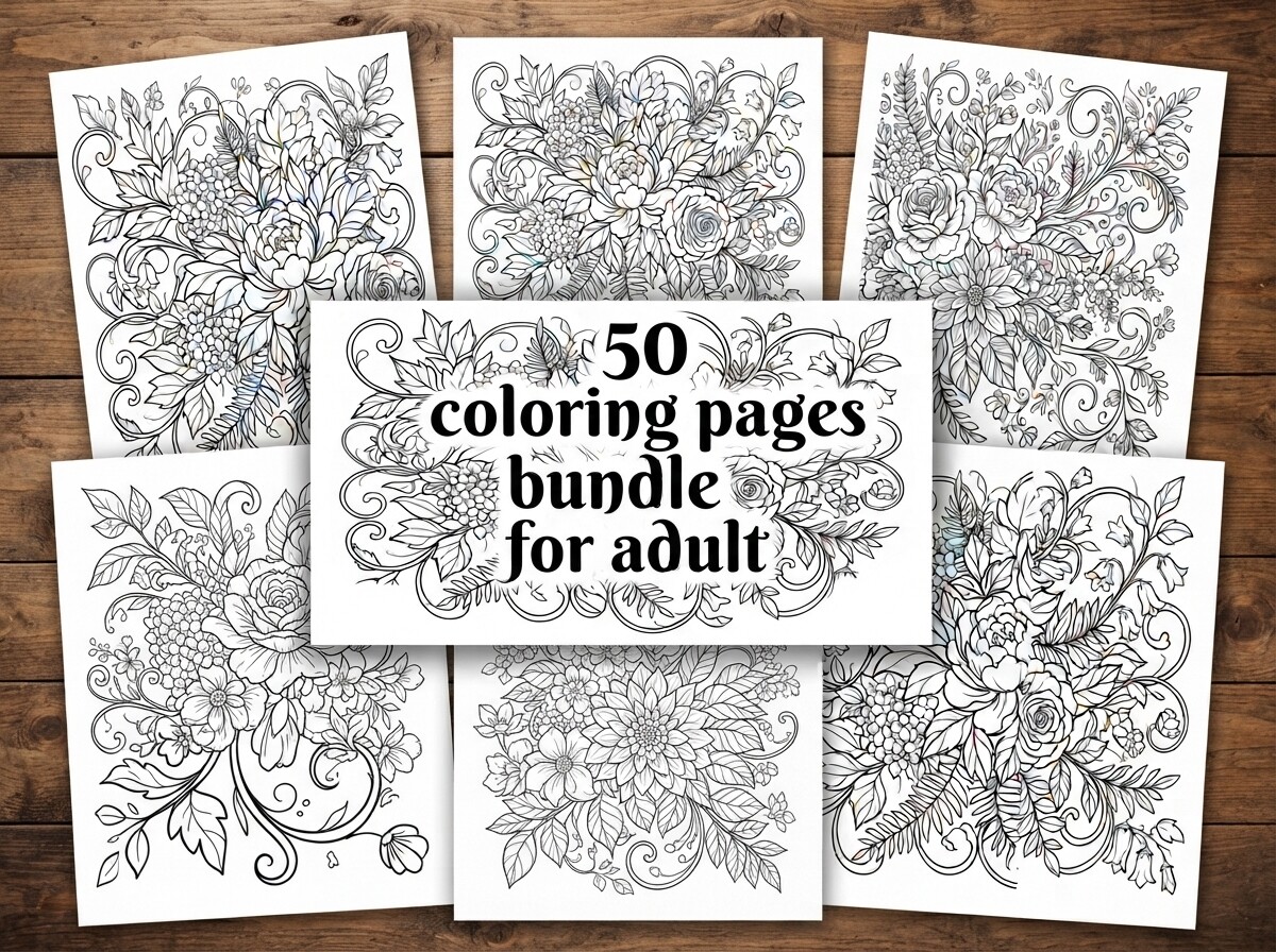 50 Floral Bouquet Coloring Pages Bundle
