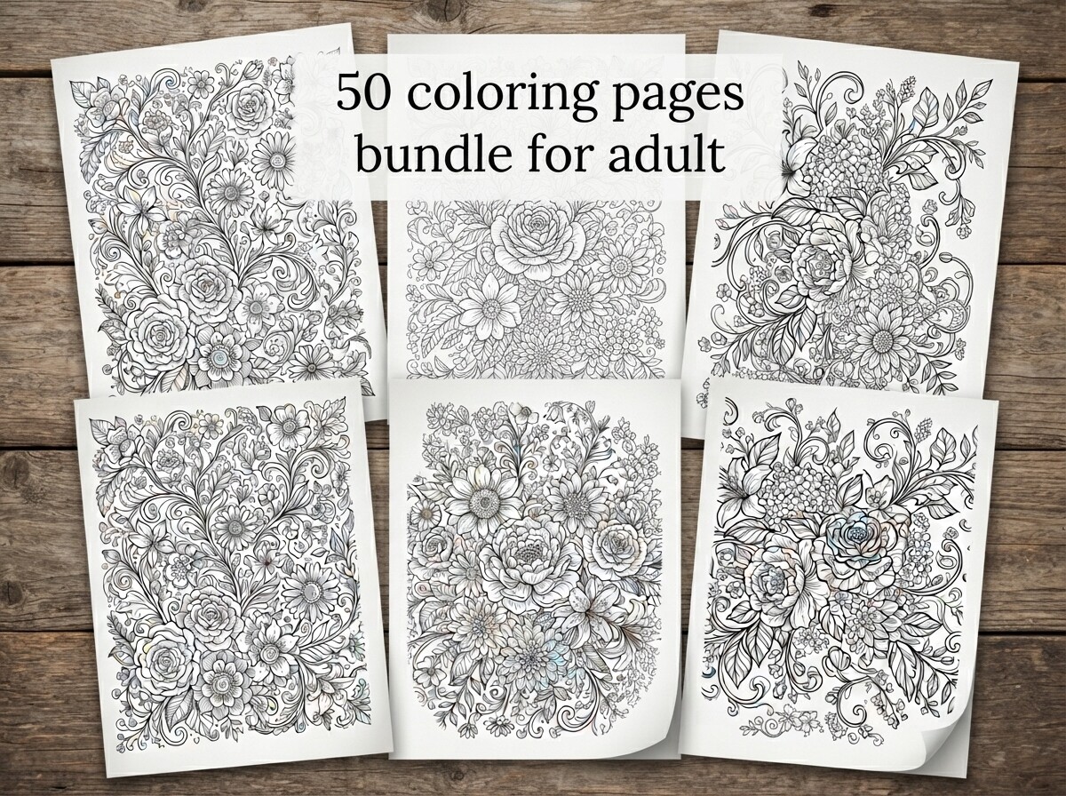 50 Floral Bouquet Coloring Pages Bundle