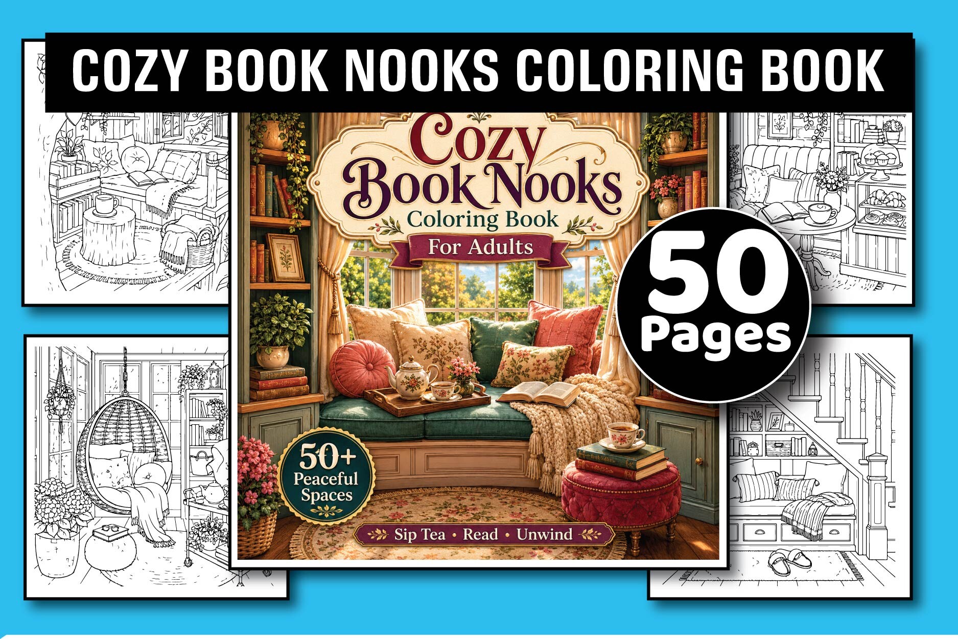 Cozy Book Nooks Adult Coloring Book Set