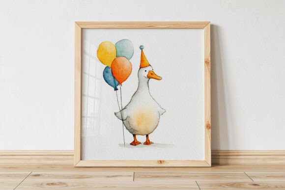 Duck with Birthday Balloons, Watercolor