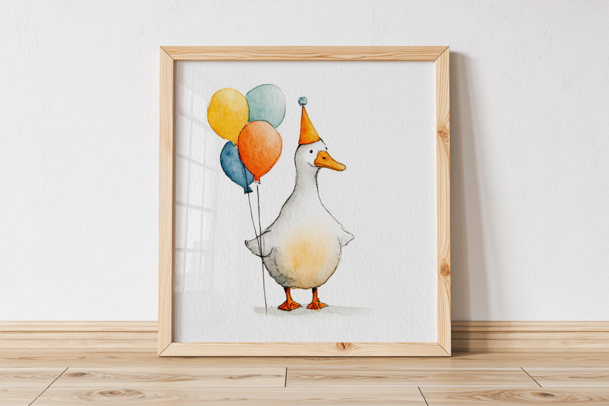 Duck with Birthday Balloons, Watercolor