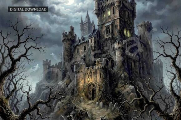 Eerie Gothic Haunted Castle Cemetery Art