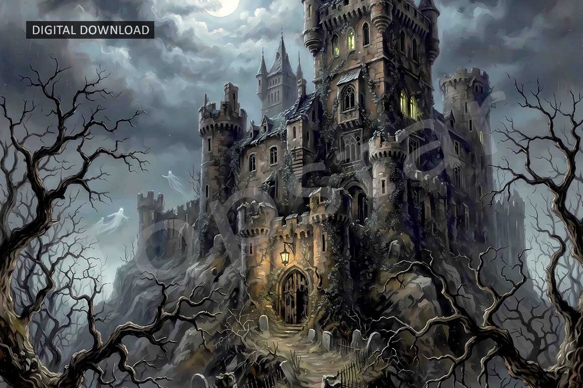 Eerie Gothic Haunted Castle Cemetery Art