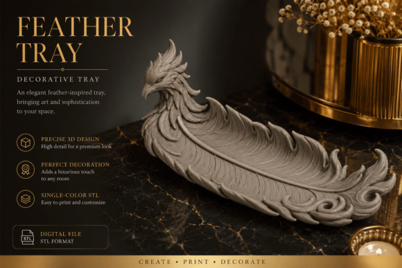 Elegant Feather Tray 3D Printed Decorative Organizer STL File - Image 1