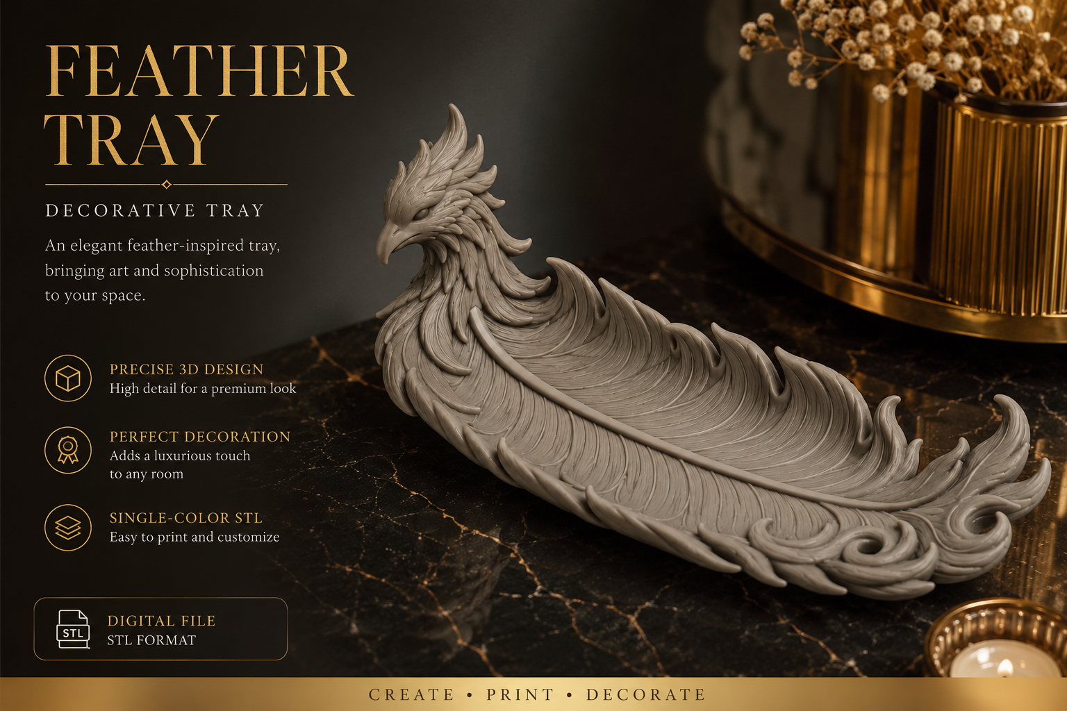 Elegant Feather Tray 3D Printed Decorative Organizer STL File - Image 3