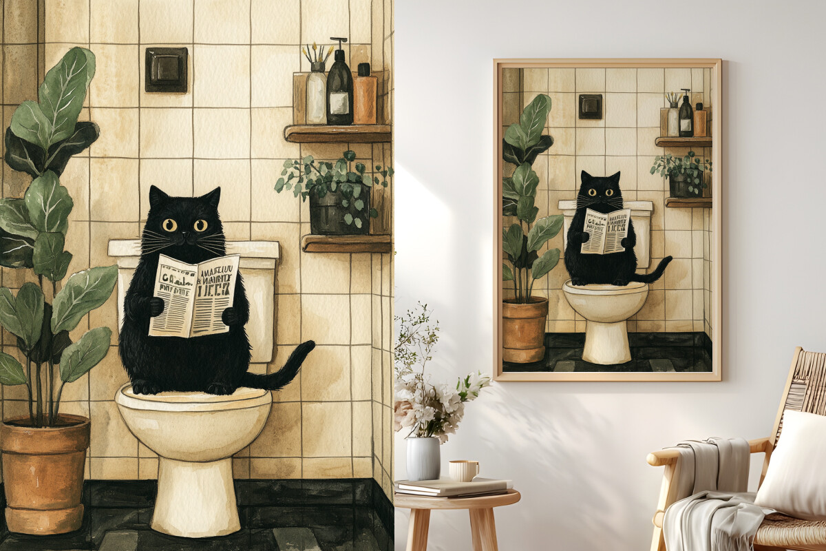Fun Cat on a Toilet Poster, Cat WC Art