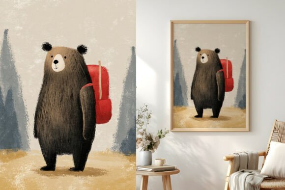 Handdrawn Bear with a Red Backpack PNG