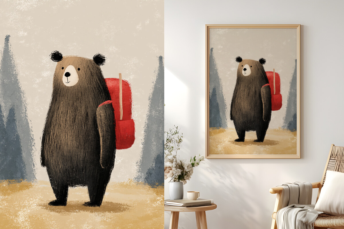 Handdrawn Bear with a Red Backpack PNG